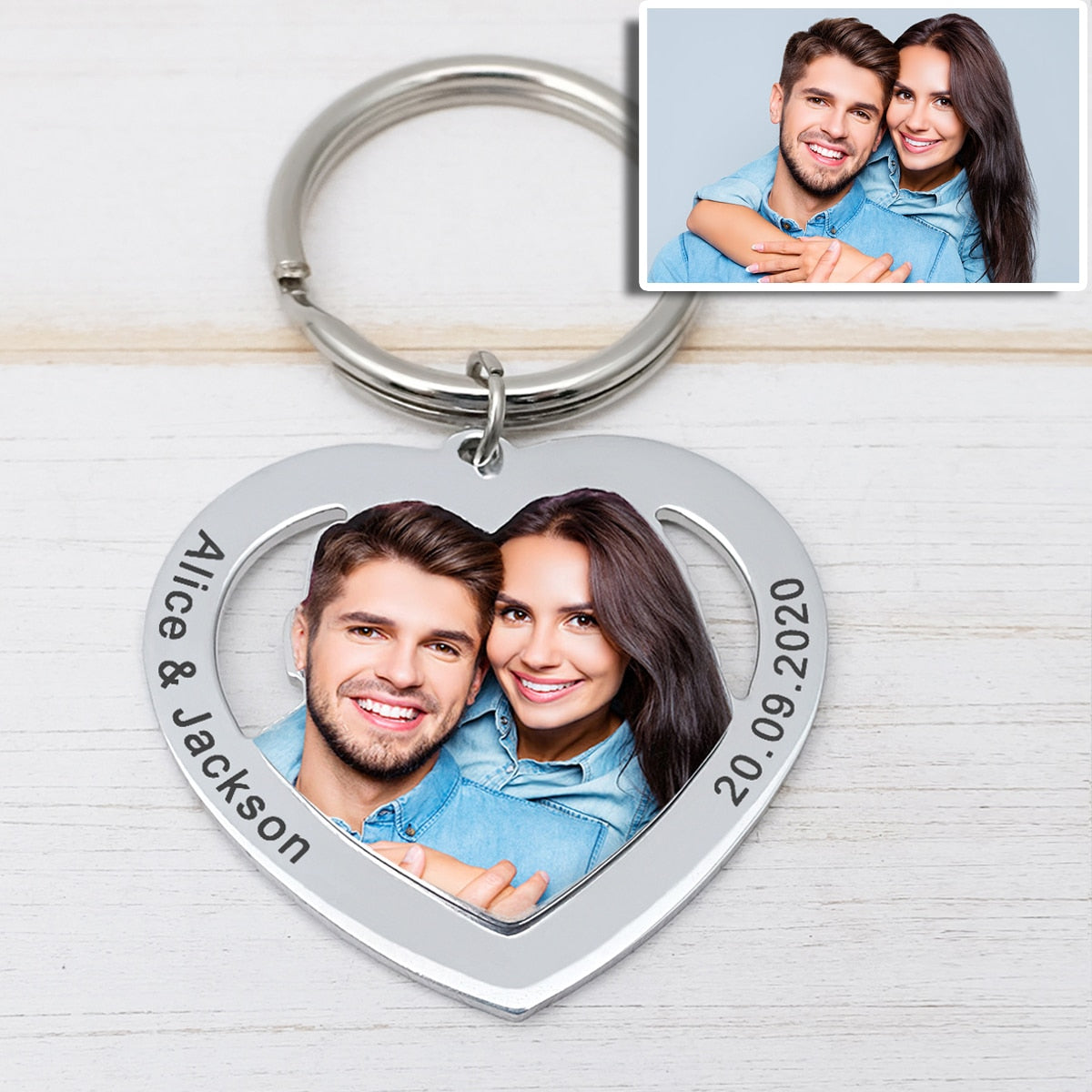 Personalized Photo & Text Engraved Heart Keychain
