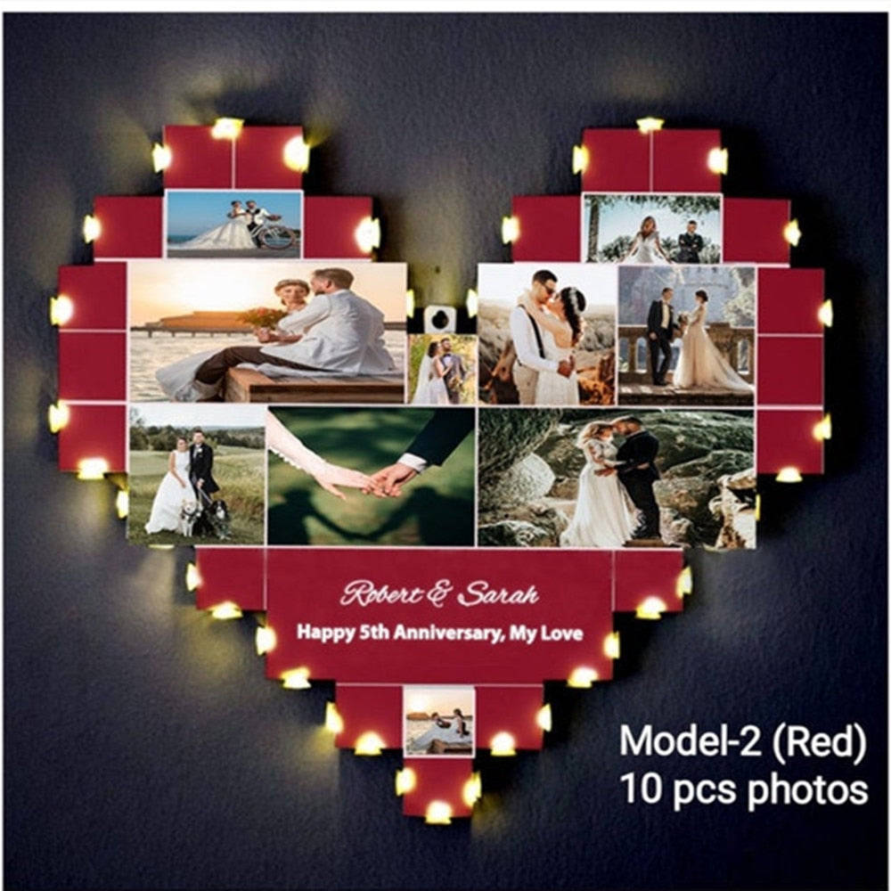 Personalized Wooden Photo Board Heart Shaped Photo Collage With Led Light
