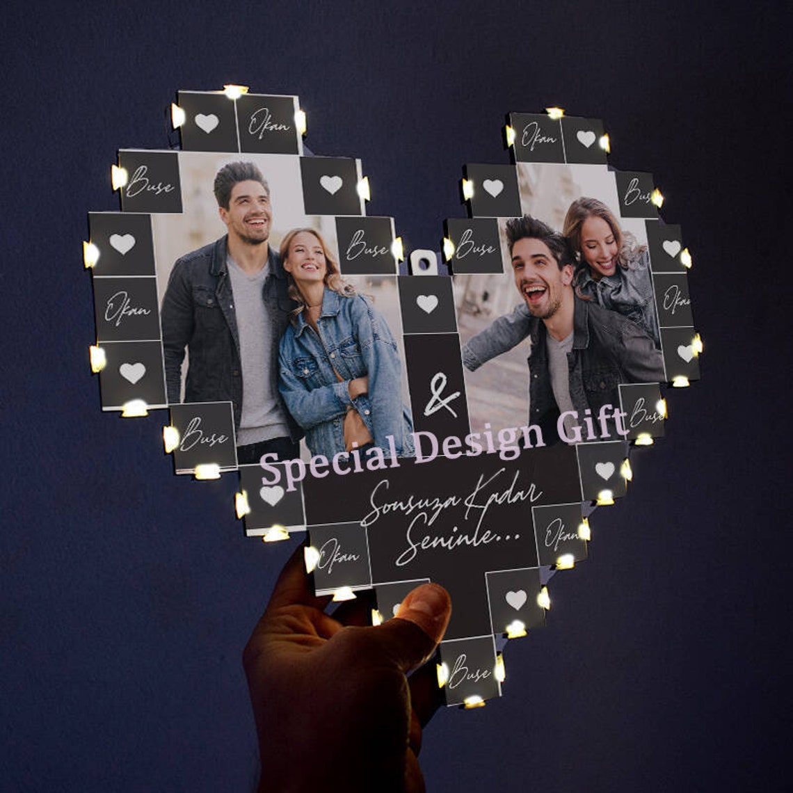 Personalized Wooden Photo Board Heart Shaped Photo Collage With Led Light