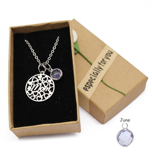 Love Heart Mom Crystal Birthstone Pendant Necklace