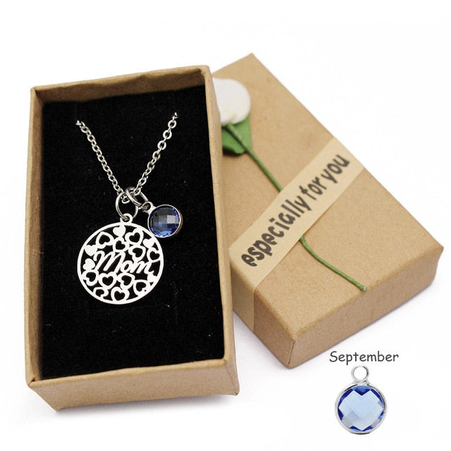 Love Heart Mom Crystal Birthstone Pendant Necklace