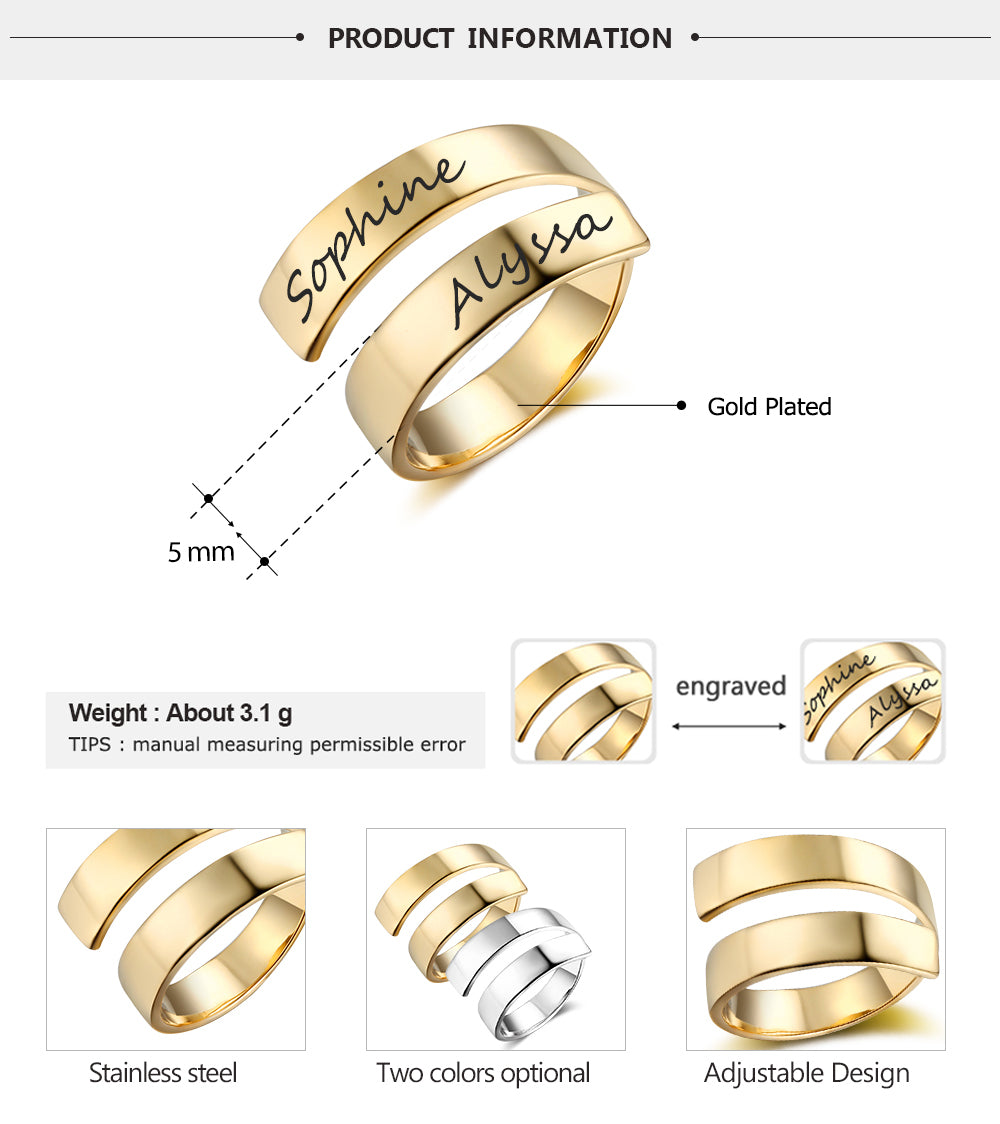 Customized Engraved Name Stainless Steel Adjustable Rings