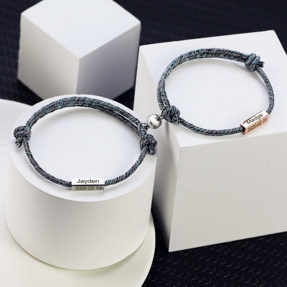 2Pcs/Set Custom Name & Date Magnetic Couple Bracelets