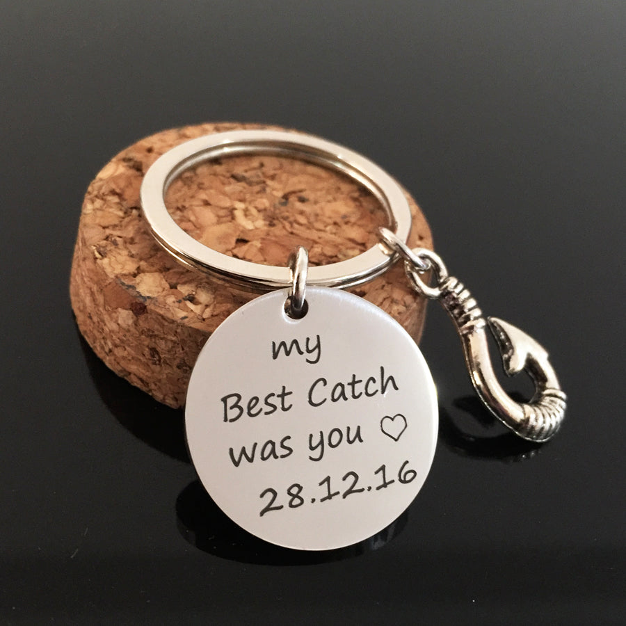 Engraved My Best Catch Was You Fish Hook Keychain with Personalized Date